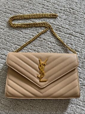 Beige Quilted Envelope Chain Bag Gold Hardware Crossbody Wallet Style